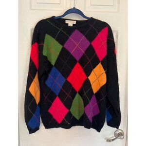 Vintage 90's Casual Corner Argyle Angora Wool Blend Knit Sweater Medium